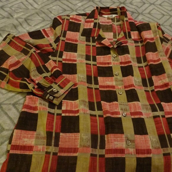 ALIA Blouse Women's Size 18P PINK & BROWN BLOCK Shirt Top Button Up 3/4 Sleeve - Picture 1 of 4
